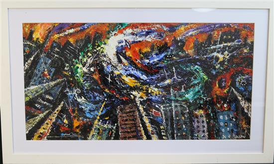 David Wilde (1918-1978) The Consuming Flames of Industry with Steam Smoke and Smog (Salford Docks) 15 x 29in.
